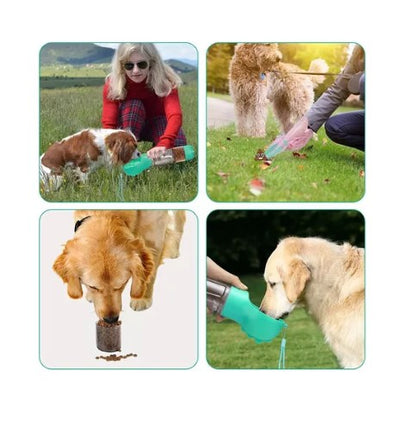 Botella Paseo 3 en 1 para Mascotas – Agua, Alimento y Bolsas