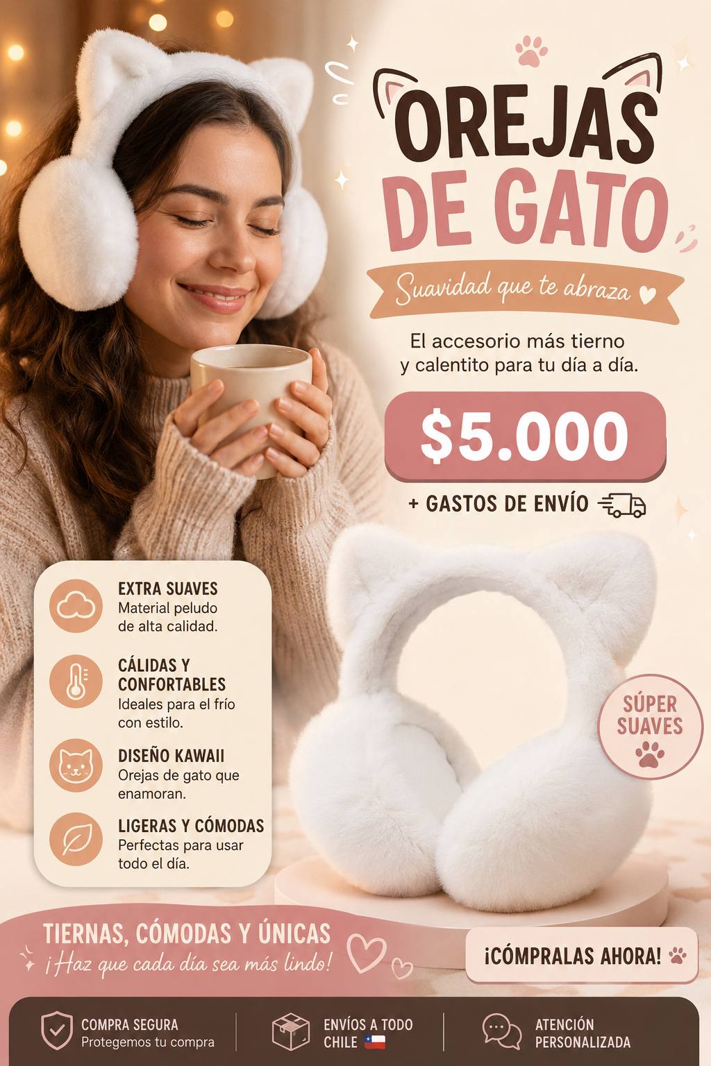 🐱 Orejeras Gatito – Suaves, calentitas y adorables